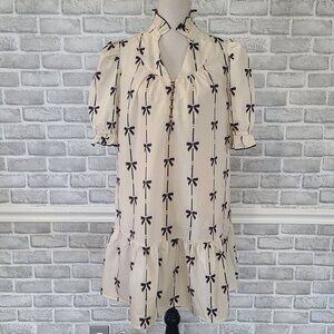 Boutique Bubble Sleeve Mini Swing Dress Bow Print NEW Med Coquette Cottagecore